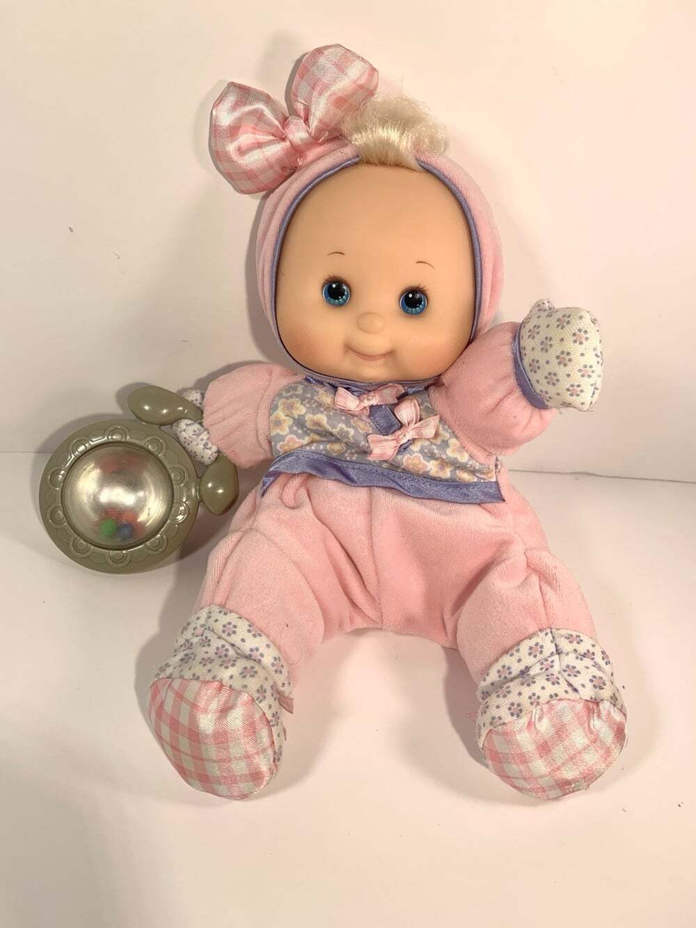Vintage 2002 Fisher Price Pink Plush 11” Baby Doll Vinyl Face & Rattle !